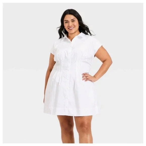 A New Day Mini A-Line Dress Womens 2X 2XL White Button Down Pocket Cottagecore - Picture 1 of 7